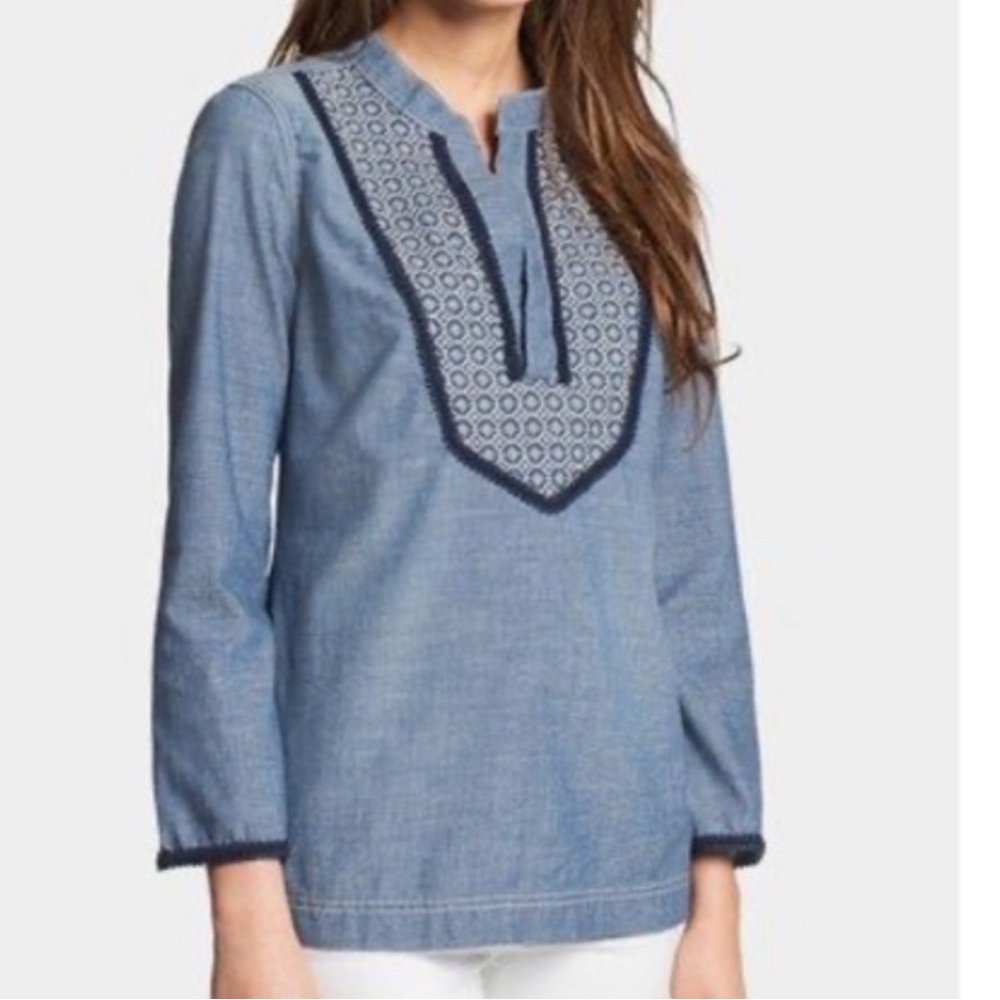 Tory Burch Light Blue Embroidered Tunic Top